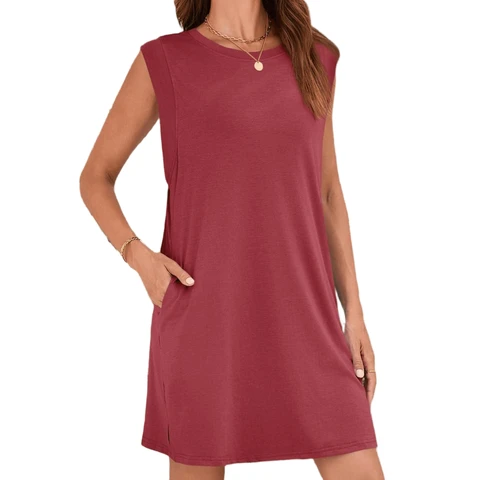 Robe Femme Manches Courtes Col Rond Empiècement Coupe Décontractée Pour Printemps Été Vacances Et Tenue Quotidienne Bordeaux Taille S