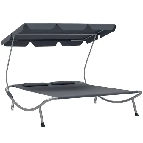 Outsunny Double Sun Lounger with Adjustable Detachable Canopy, Portable Garden Daybed for 2 with Wheels, Outdoor Sunbed Hammo