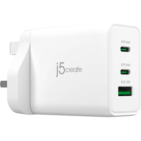 j5create 65W GaN USB-C 3-Port Charger， Compact and Compatible with MacBook Pro/Air， iPhone 16/15， iPad Pro/Air， GALAXY S24/S23， Steam Deck， Switch (JUP3365F)