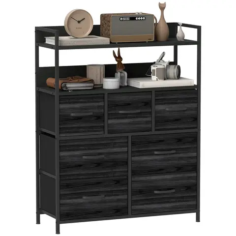 HOMCOM Bedroom Chest of Drawers, Fabric Dresser with 7 Drawers, Storage Organiser Unit with Shelves and Metal Frame Black