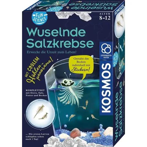 KOSMOS 654160 Fun Science - Wuselnde Salzkrebse,Erwecke die Urzeit zum Leben,Experimentier-Set für Kinder ab 8 Jahre,Komplett-Set für Einsteiger mit Eier,Futter
