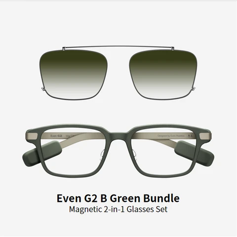 Even Realities - Even G2 B Grün (Rechteckig) + Clip & Pouch Grün Rechteckiges Bundle - Alltagsgerechte Display-Smart-Glasses mit Clip-Sonnenblende, Kamerafrei, Datenschutz-First, 2-Tage-Akku, Leistungsstarke Funktionen zur Erweiterung Ihrer Sicht und zum Ermöglichen Ihres Tages (Conversate | Übersetzen | Teleprompt | Even AI | Gesundheit | Navigation | Dashboard | Benachrichtigung | QuickList)
