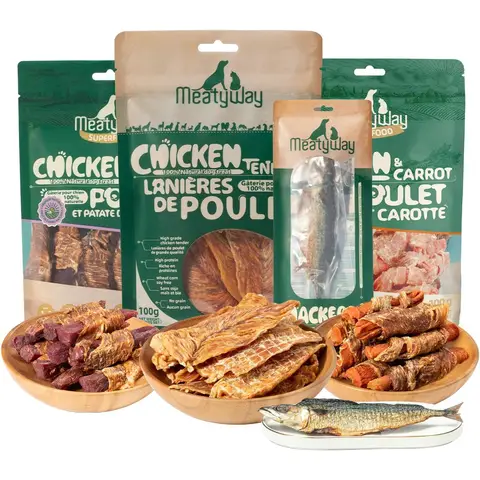 MeatyWay Chicken & Fruits and Vegetables Wrapped Dog Treats, Dried Mackerel, High Protein, Low Fat, 100% Natural and Healthy Dog Training, 350g/15.87 oz. (Pack of 4)