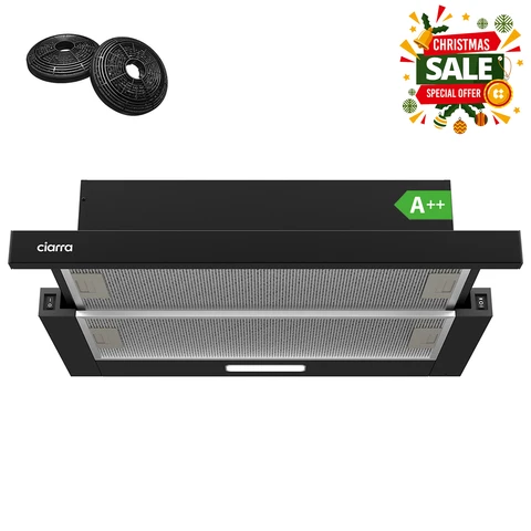 CIARRA Under-Cabinet Telescopic Cooker Hood 60cm, Powerful 370 m³/h, Black, Energy Class A++