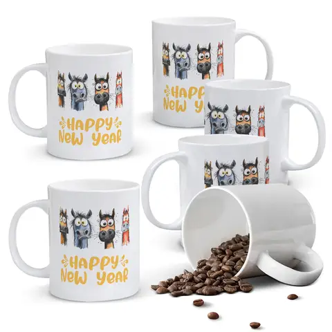 Alphynix 1 Jahr-des-Pferdes-Tasse 2026, 33cl Keramik-Kaffeetasse mit vier niedlichen Cartoon-Pferdeköpfen, Frohes Neues Jahr Geschenk für Freunde, Familie, Kollegen,Geschenk zum valentinstag, geschenk zum geburtstag