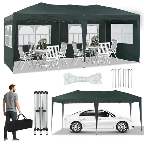 CLIPOP 3 x 6 m Gazebo with Side Panels, Water Resistant Anti-UV Garden Party Tent Marquee with Heavy Duty Steel Frame and Carrying Bag for Outdoor Wedding Garden Party Family Green