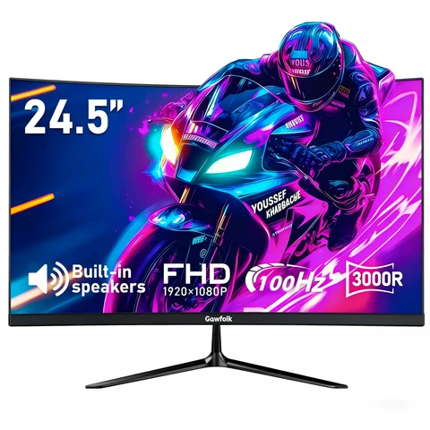 Gawfolk Moniteur incurvé 24,5 pouces 1K Full HD, Taux de rafraîchissement 100 Hz, Temps de réponse 1 ms (MPRT), Courbure 3000R, Haut-parleurs intégrés, AMD FreeSync, Protection oculaire, Antireflet, Faible latence d’entrée, HDMI, Support VESA 75 x 75 mm, Noir