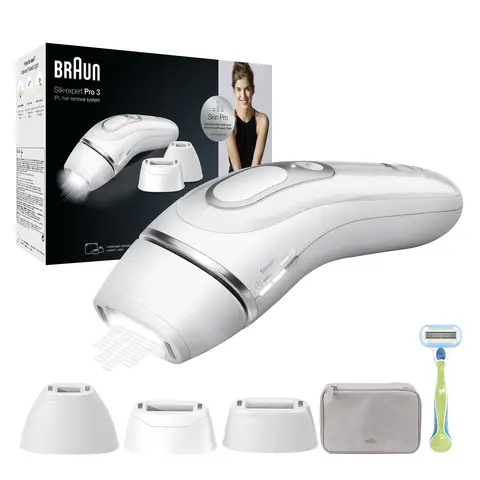 Braun Silk·expert Pro 3 PL3233 Women’s IPL, At Home Hair Removal Device with Pouch and 3 attachments, White/Silver
