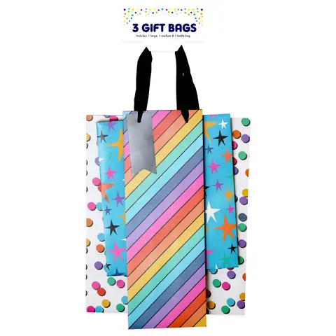 Generic 3 Pack Gift Bags Large 26.5 (W) x 33 (L) x 14cm (H), Medium 21.5 (W) x 25.3 (L) x 10.2cm (D) & Bottle Bag 12.7 (W) x 35.5 (L) x 9cm (D)