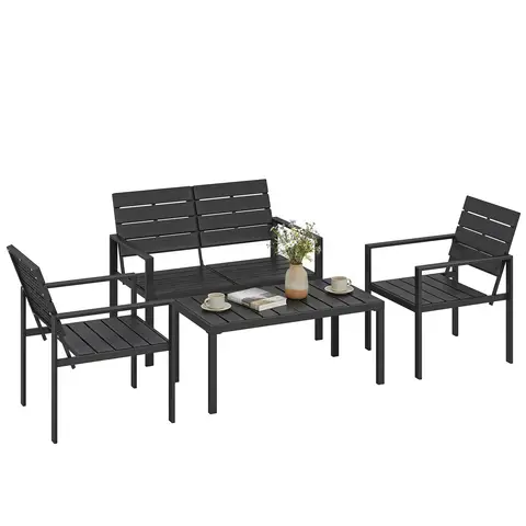 Outsunny 4 Seater Garden Furniture Set, 4 Piece Garden Sofa Set with HDPE Slatted Loveseat, 2 Armchairs, Coffee Table, Metal Frame Outdoor Patio Conversation Furniture for Balcony, Black