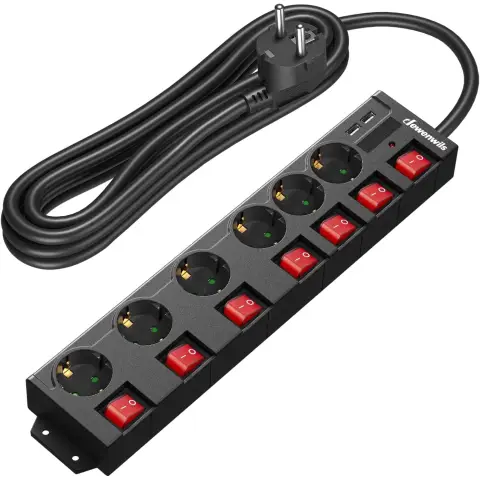 DEWENWILS Power Strip Individually Switchable with USB, 6-Way Power Strip with Switch, Multiple Socket with Overload Protection, Child Lock, 90° Rotated, 5 m, Black