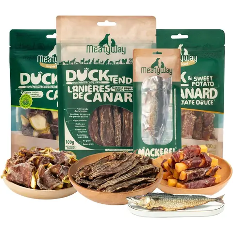 MeatyWay Duck & Fruits and Vegetables Wrapped Dog Treats, Dried Mackerel, High Protein, Low Fat, 100% Natural and Healthy Dog Training, 350g/15.87 oz. (Pack of 4)