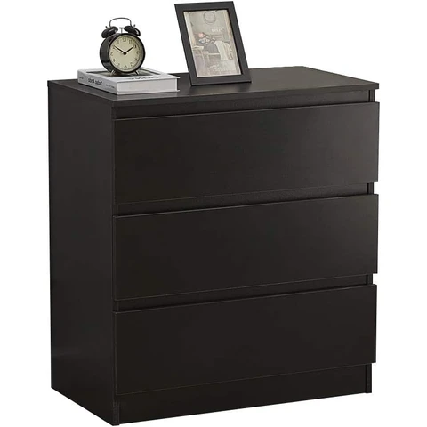 CLIPOP 3-Drawer Bedside Table Cabinet Black Wooden Night Stand Storage Cabinet with No-handle Design, Chest of 3 Drawer Bedroom Furniture