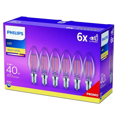 Philips Light Bulb LED Candle Filament Screw E14 Warm White 40W Non-Dimmable 6pcs