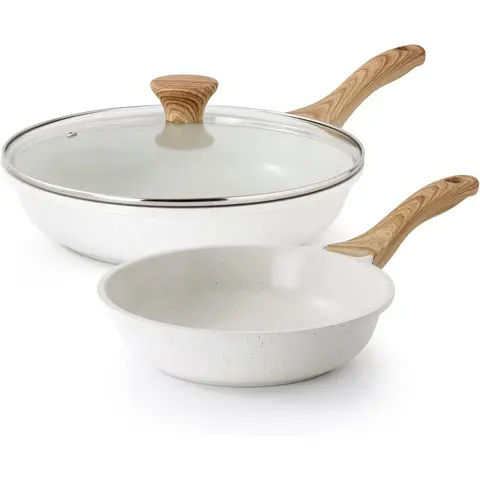 Redchef pan 28 cm met deksel, keramische antiaanbakpan voor inductie, omeletpan voor alle soorten fornuizen, PTFE-vrij, PFAS-vrij, PFOA-vrij, krasbestendig, vaatwasmachinebestendig(Beige