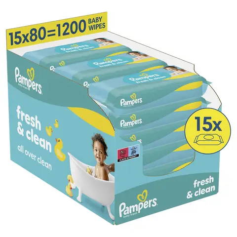 Pampers Fresh & Clean Babyfeuchttücher, Milder Duft, Auch für Hände und Gesicht geeignet, 1200 Tücher (15er-Pack)