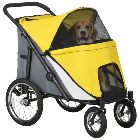 PawHut Large Dog Stroller Dog Pram Foldable Pet Pushchair with Safety Leashes for Medium, Large Dogs Yellow