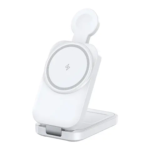 Rexsun 3 in 1 Foldable Magnetic Wireless Charging Station, 15W Fast for MagSafe Charger, Travel Size for iPhone 16/15/14/13/12, Apple Watch, AirPods, Adapter Not Included, T18, White