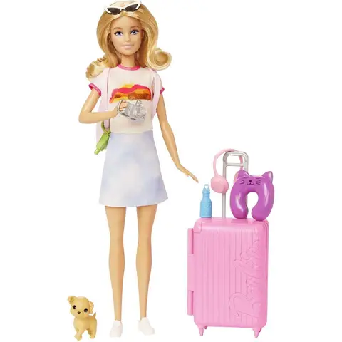 Barbie reispop met accessoires - roze koffer, 10+ accessoires