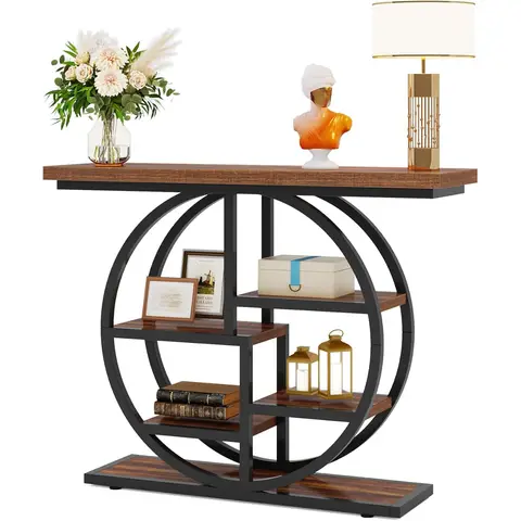 Tribesigns Console Table 105cm Industrial 6 Tier Sofa Table Entrance Table with Circle Base Narrow Wood Accent Tables with Storage Shelves for Living Room Hallway Foyer Rustic Brown