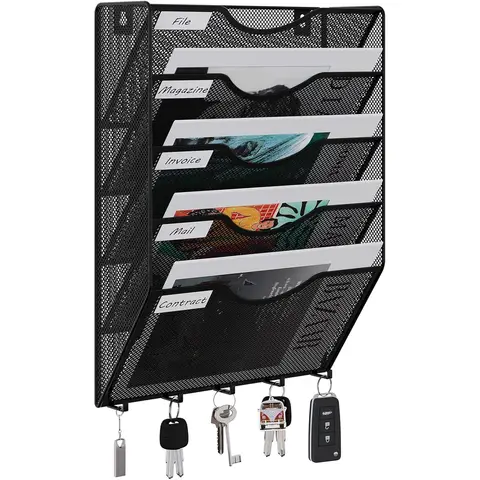 5 Tier A4 Mesh Wall Pocket File Holder with 5 Hooks,Black