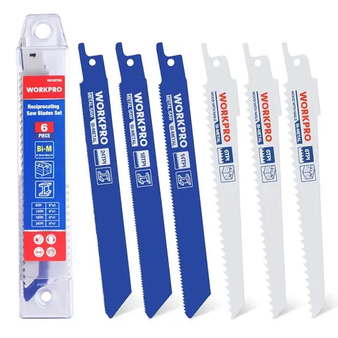 WORKPRO Reciprocating Saw Blades Set of 6 Bi-Metal Saw Blades for Cutting Metal, Wood with Nails, Wood, Plastic, with Storage Box, Compatible with Standard Reciprocating Saws