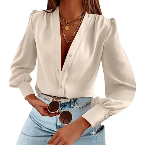 Women's Business Casual Tops Summer Long Sleeve Silk Button Down Shirts V Neck Chiffon Blouses (beige, L)