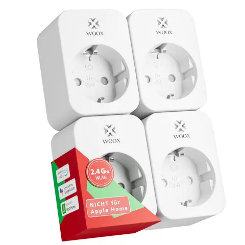 WOOX Slimme WLAN-stopcontacten Alexa, set van 4, met stroommeting 16A, TÜV-gecertificeerd, spraakbesturing, timerfunctie, werkt met Tuya-app, Alexa en Google Home, alleen 2.4GHz WiFi