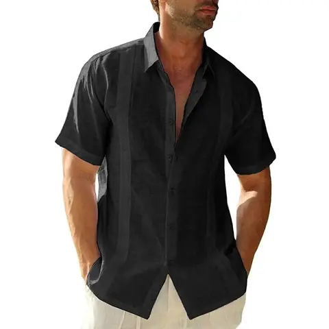 Men's Short Sleeve Cuban Camp Guayabera Shirt Linen Cotton Hippie Beach Button Down Shirts (Black, 3XL)