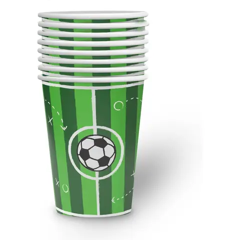 Pappbecher Fußball, 250 ml, 8 Stück, Grün, Trinkbecher aus Pappe als Deko für Geburtstag und Public Viewing, Einweg Becher Tischdeko