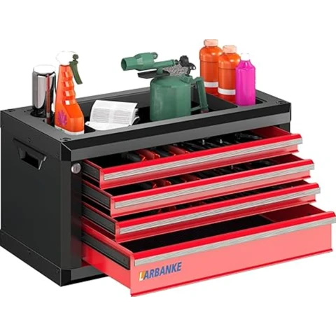 LARBANKE 4-Drawer Portable Tool Box with Lock & Keys, Waterproof & Rust-Resistant Countertop, Anti-Collision Corners, and Connecting Rods for Stacking with 5/7-Drawer Tool Chests