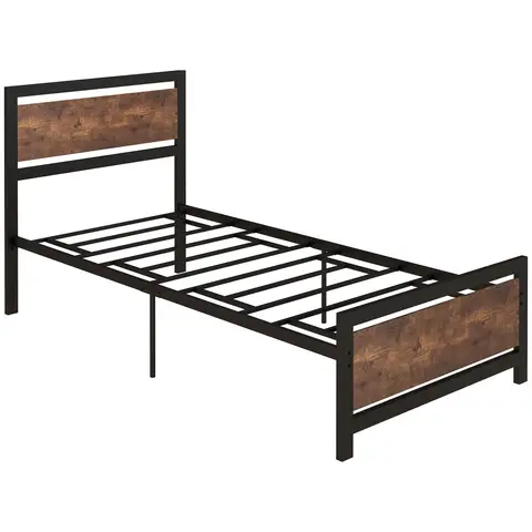 HOMCOM Bed Frame Metal Black/Rustic Brown Single