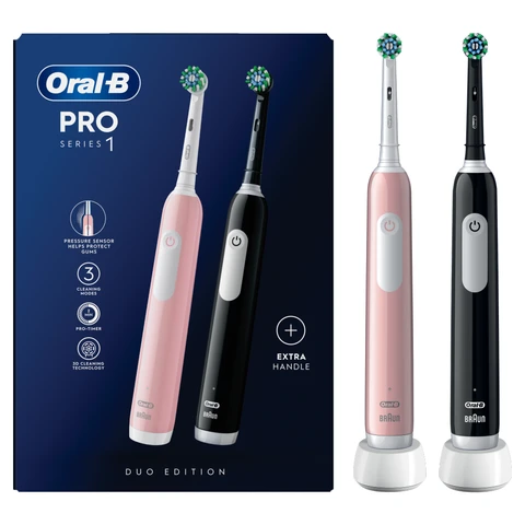 Oral-B Pro 1 Adult Electric Toothbrush, Duo Pack, With 3D Cleaning, 2 Toothbrush Heads, Gum Pressure Control, 2 Pin UK Plug, Pink & Black