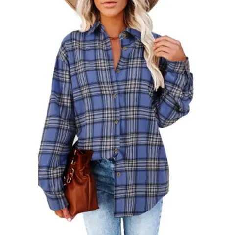 Women's Long Sleeve Plaid Shirts Flannel Collared Button Down Shacket Casual Rolled Up Boyfriend Blouse Tops (blue, M)
