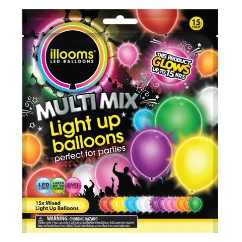 ILLOOMS LIGHT UP BALLOONS MIXED COLOUR 15 PACK