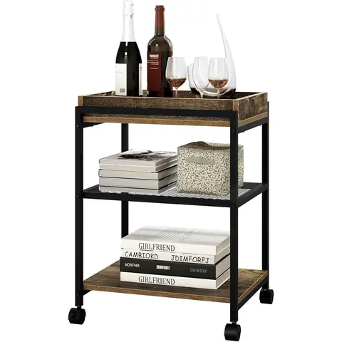 WOLTU Retro-Holzmaserung abschließbarer drehbarer Roll-Couchtisch mit 3 Ebenen, Metallrahmen, umweltfreundlicher Platte & abnehmbarem Tablett