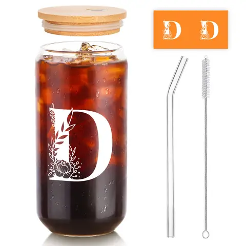 Alphynix 1 modernes Glas, 500ml hohes Eiskaffeeglas mit Monogramm "D"-Design, Bambusdeckel & Strohhalm, Kaltgetränkebecher für Eistee, Saft, Boba,Geschenk zum valentinstag, geschenk zum geburtstag