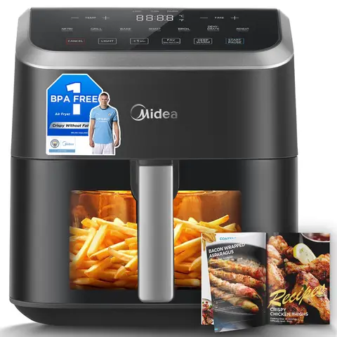 Midea Airfryer met zichtbaar venster - 5,2L, 1600W, HeatXpress Rapid Air Technologie, 0% minder olie, energiebesparend, 7-in-1 voorinstellingen, antiaanbaklaag, vaatwasmachinebestendig, digitaal display, +1 minuutknop, MF-CY55K