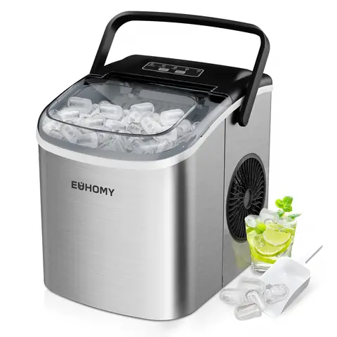 EUHOMY Ice Maker Machine Countertop Ice Cube Maker with Self-Cleaning Function,9 Cubes in 6 Mins,Portable Ice Cube Maker Machines with Ice Scoop & Basket for Home/Kitchen/Office/Bar