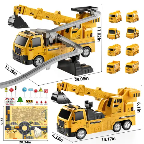 Jouets de camion de construction, camion-grue avec circuit de course en spirale, 8 mini véhicules de chantier en alliage, jouet d'excavatrice pliable avec tapis de jeu et panneaux de signalisation, cadeau éducatif de véhicule pour garçons et filles de 3, 4, 5, 6 et 7 ans