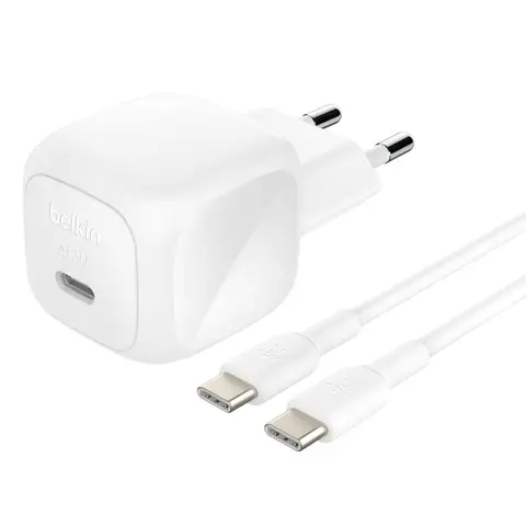 Belkin BoostCharge Chargeur secteur compact avec câble USB-C vers USB-C, 45 W - Blanc