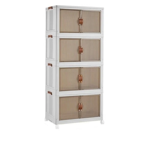 COIZYZZL Large storage cabinet 4-Layer --Mobile Folding Plastic Storage Cabinet, Clear Door Dustproof Rolling Organizer, Large Capacity Storage Furniture for Bedroom, Apartment, Kitchen