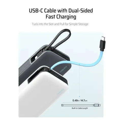 CUKTECH 45W Power Bank 20000mAh Portable Charger Built-in USB C Cable for iPhone 16/15 Pro Max PB200N Color: Gray