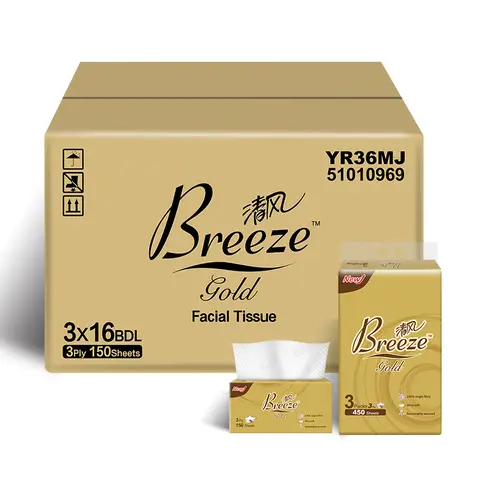 BREEZE GOLD Gesichtstücher, Größe M, 3-lagig, 150 Blatt x 48 Packungen (3x16), insgesamt 7200 Blatt, weich und hautfreundlich, stark auch bei Nässe, für Wohnzimmer, Esstisch, Schlafzimmer, Büro, Familien-Großpackung