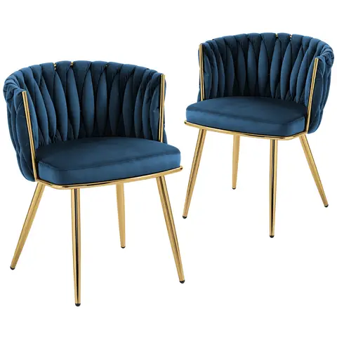 HOMCOM Velvet-Feel Dining Chairs Set of 2, Modern Upholstered Armchair with Knot Design and Golden Metal Legs Dark Blue