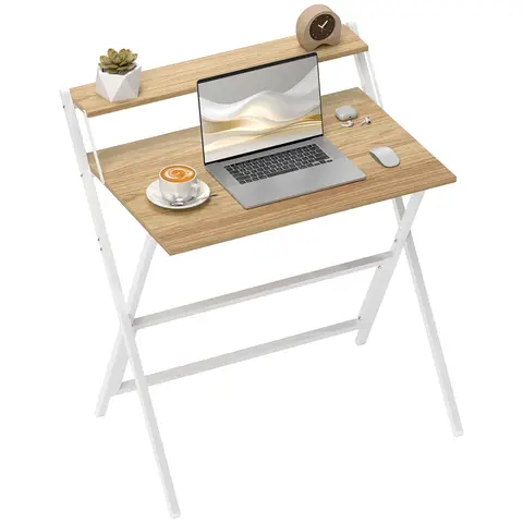 HOMCOM Folding Desk with Monitor Shelf, 81.5 cm Foldable Computer Desk for Small Spaces Natural Wood Finish