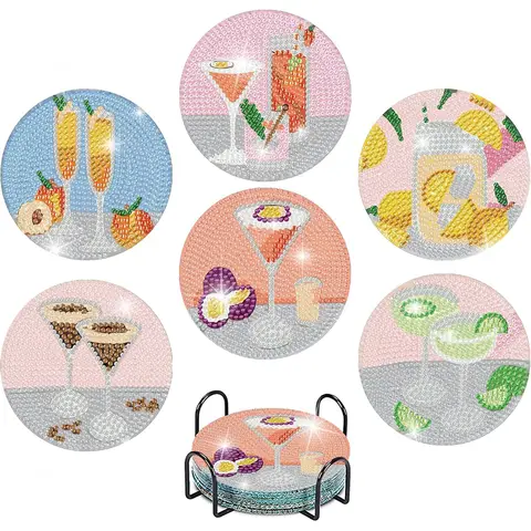 JU7CER 6-Piece 5D Diamond Painting Coaster Set with Stand - DIY Cocktail Art for Drinks & Coffee Tables | Adult Beginner Craft Gift & Home Decor 4×4 Inches (10×10cm)