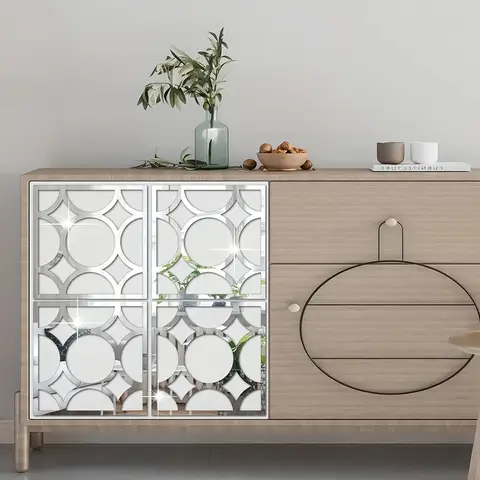 4pcs PVC mirror stickers with floral pattern, 19.5*19.5cm，silver