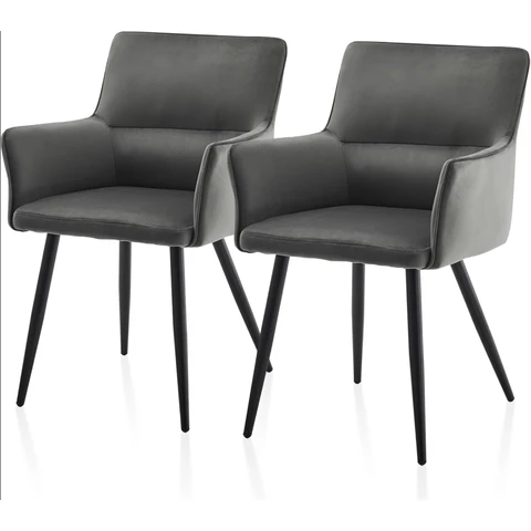 CLIPOP Leisure Dining Chairs Set of 2 Velvet Upholstered Seat Kitchen Chairs with Armrests, Backrest and Metal Legs,0324 grey 55*52*83 cm