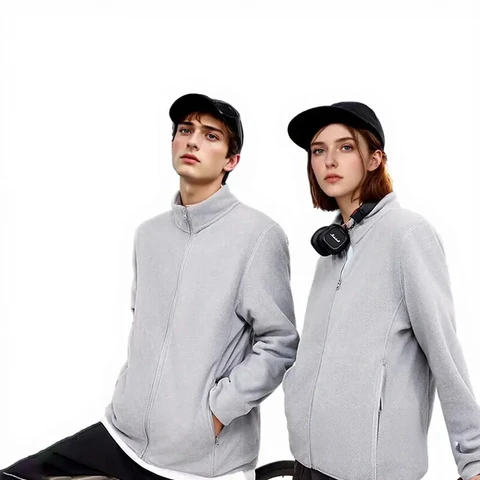 ochama [Anti-Static] Fleece Cardigan Polar Fleece Jacket Outdoor Men and Women Same Style Light Gray M